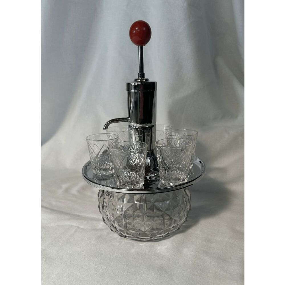 Park Sherman Revolving Pump Decanter With 6 Glasses, Liquor, Bourbon, Bar
